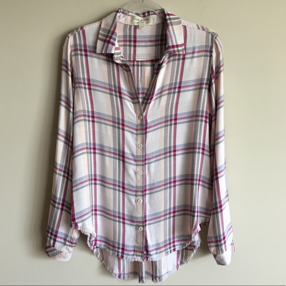 CLOTH & STONE Coronet Frayed Hem Plaid Button Down Lightweight Soft Pink